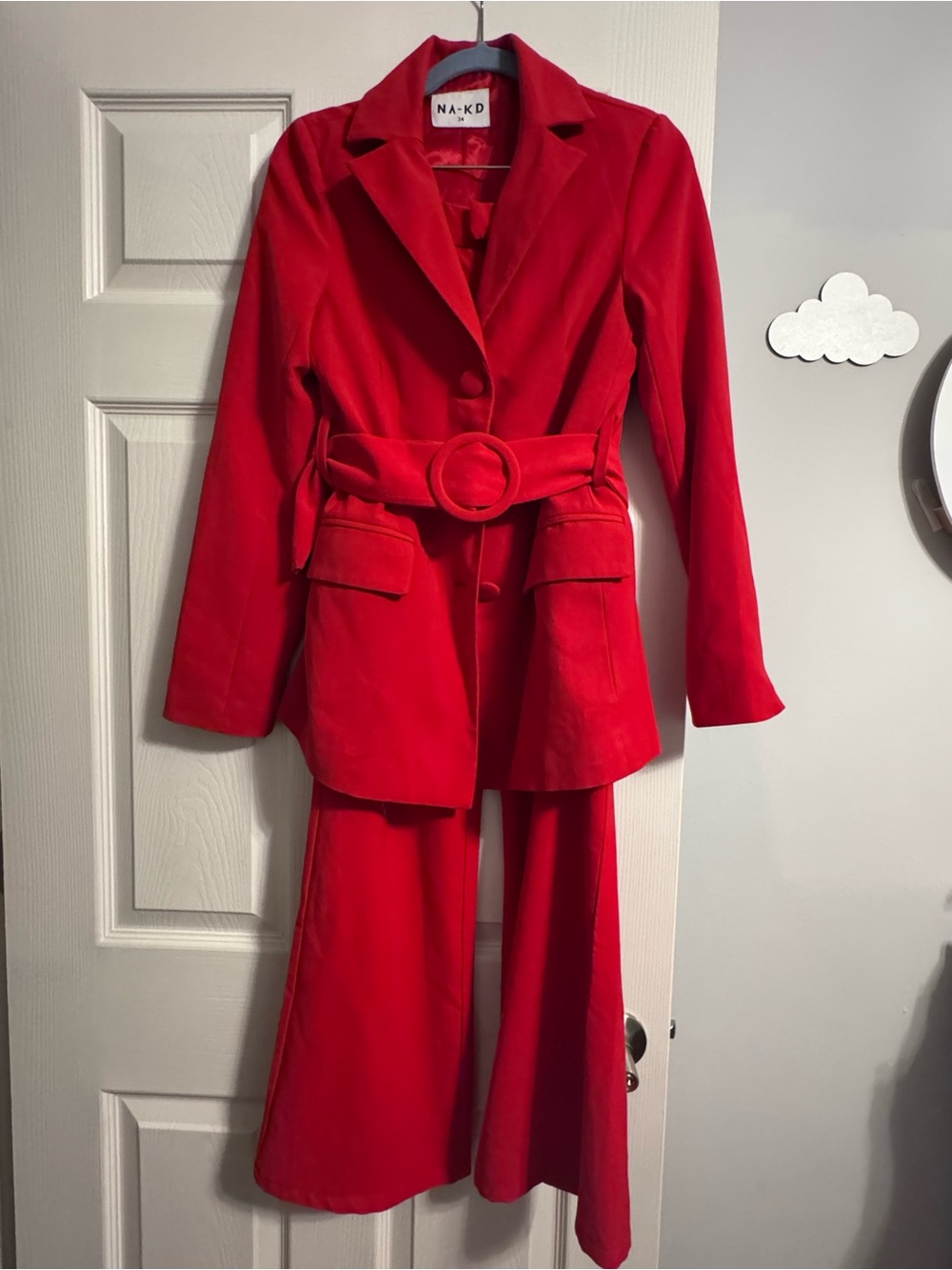 Stunning Red Belted Blazer & Wide-Leg Pants Set